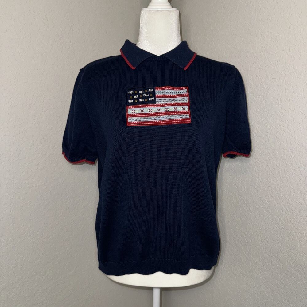 Alfred Dunner Sweater Women's Small Navy Blue USA‎ Flag Embroidered Short Sleeve